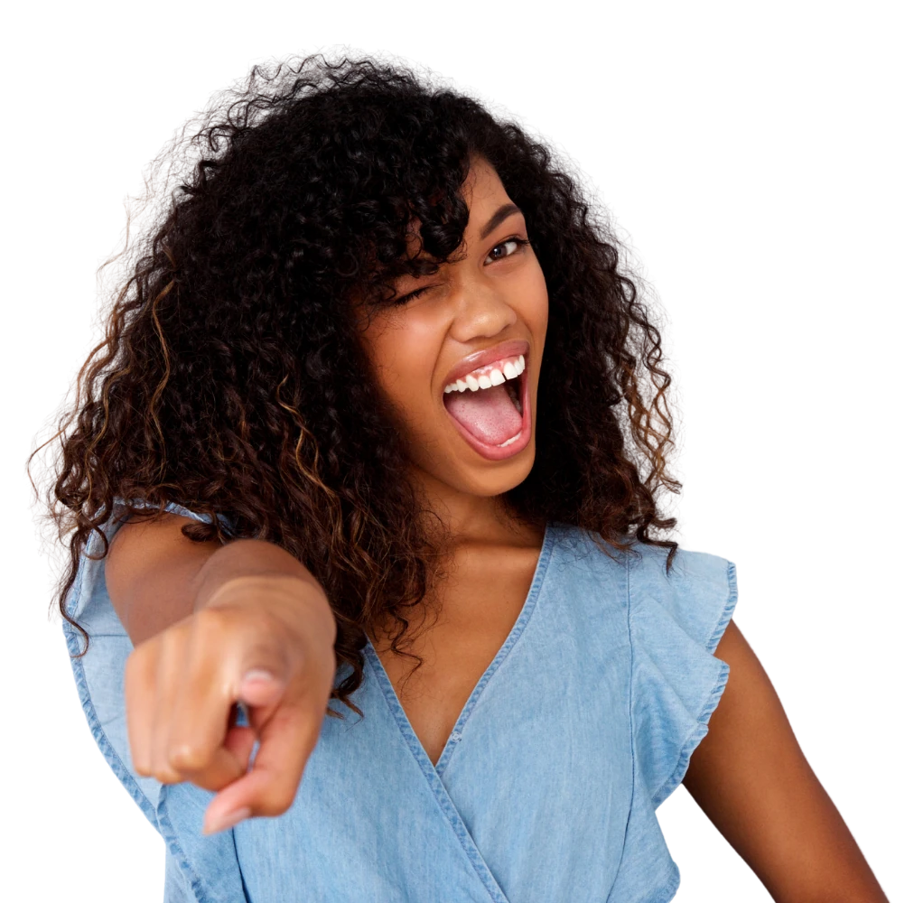 Excited woman pointing at the viewer
